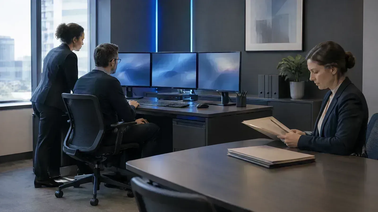 Model-risk reviewers validate a financial artificial-intelligence workstation in a controlled room.