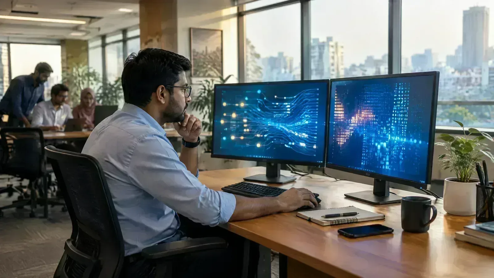 A finance operations team reviews digital transaction systems in a contemporary Dhaka office.