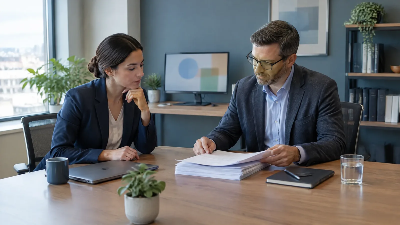 Two banking-risk professionals review blank disclosure papers in a quiet unbranded office.
