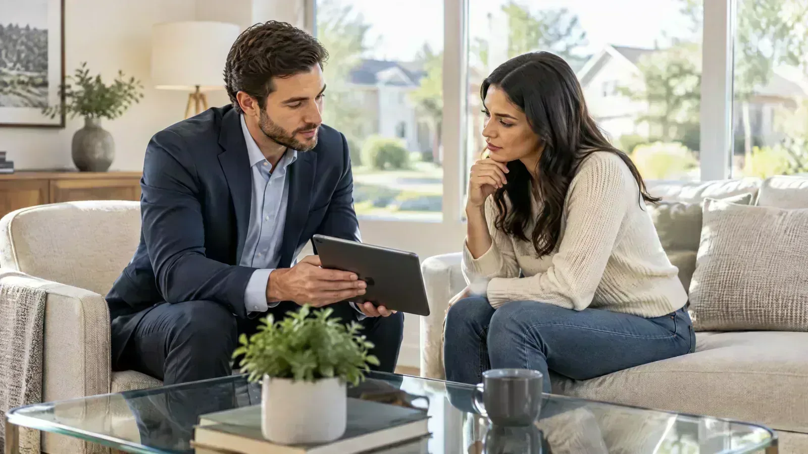 A mortgage adviser and homebuyer discuss financing beside an unbranded tablet.