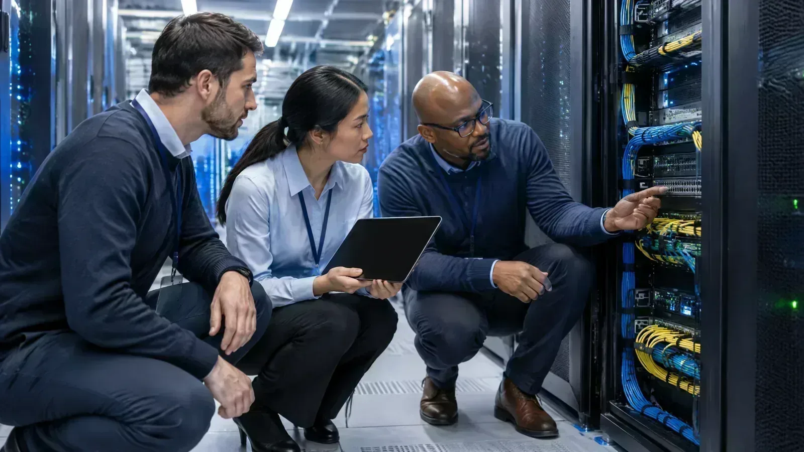 Financial-infrastructure engineers inspect a network rack with a treasury operations specialist.