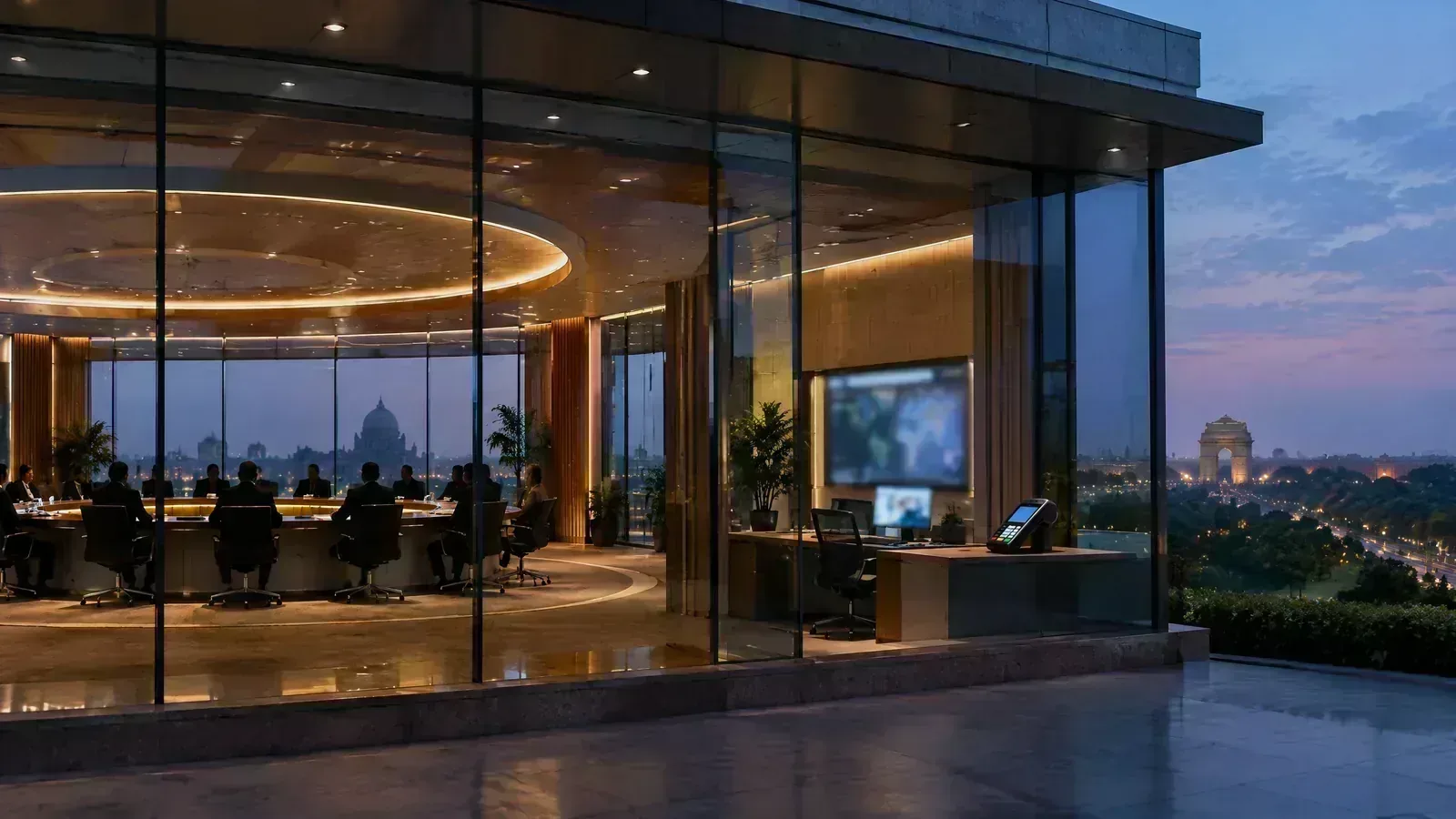Delegates meet inside a contemporary New Delhi summit venue beside an unmarked payment-operations desk at dusk.