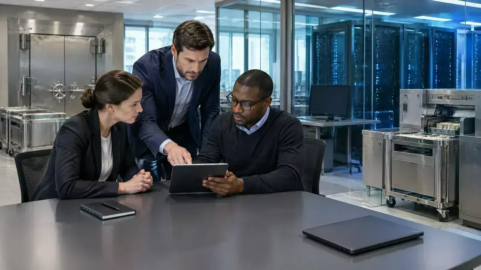 Treasury and technology specialists coordinate bank-backed deposit infrastructure in a secure facility.