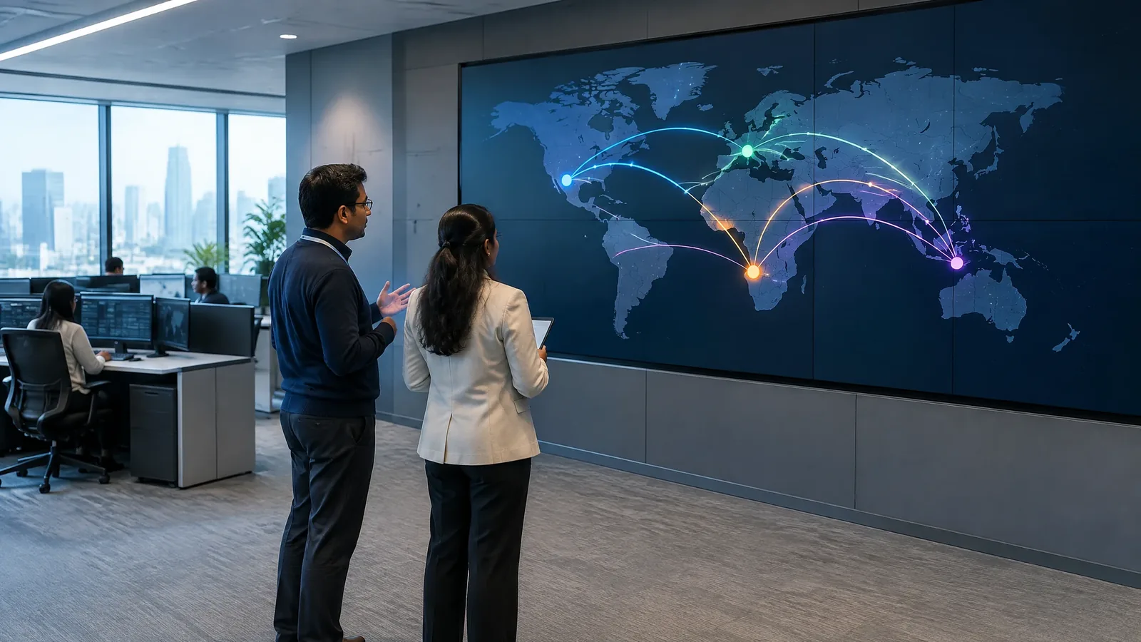 Two payment-infrastructure professionals review unlabeled cross-border routes on an unbranded operations-room display.