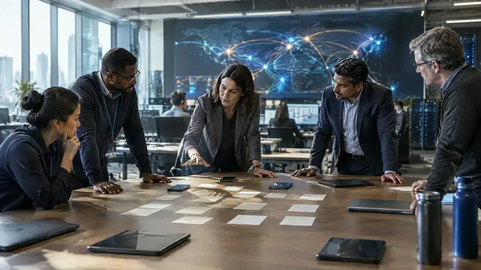 Treasury and infrastructure specialists coordinate cross-border payment routes in a network operations centre.