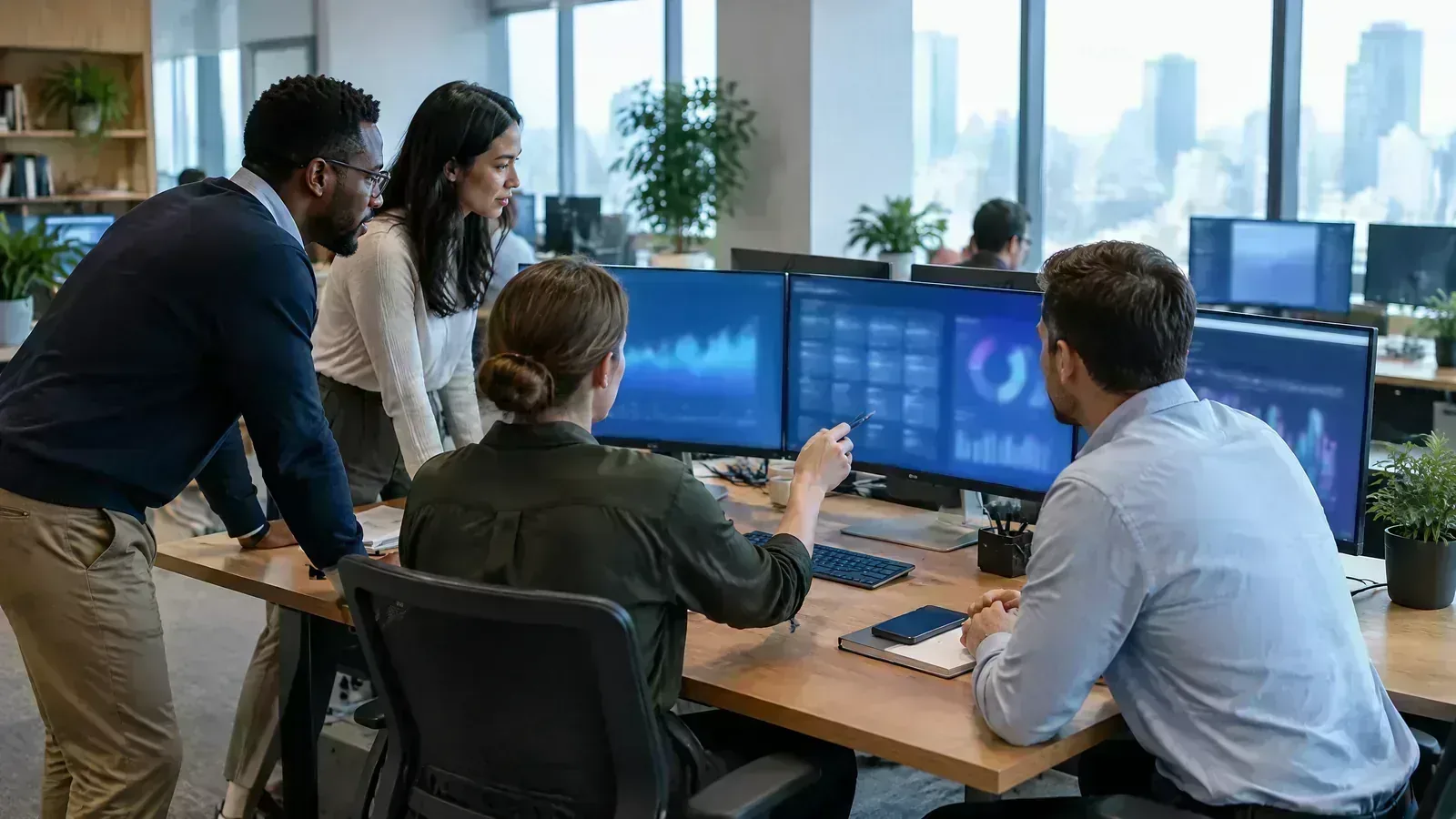 A corporate finance team collaborates at a multi-monitor workstation in a modern office.
