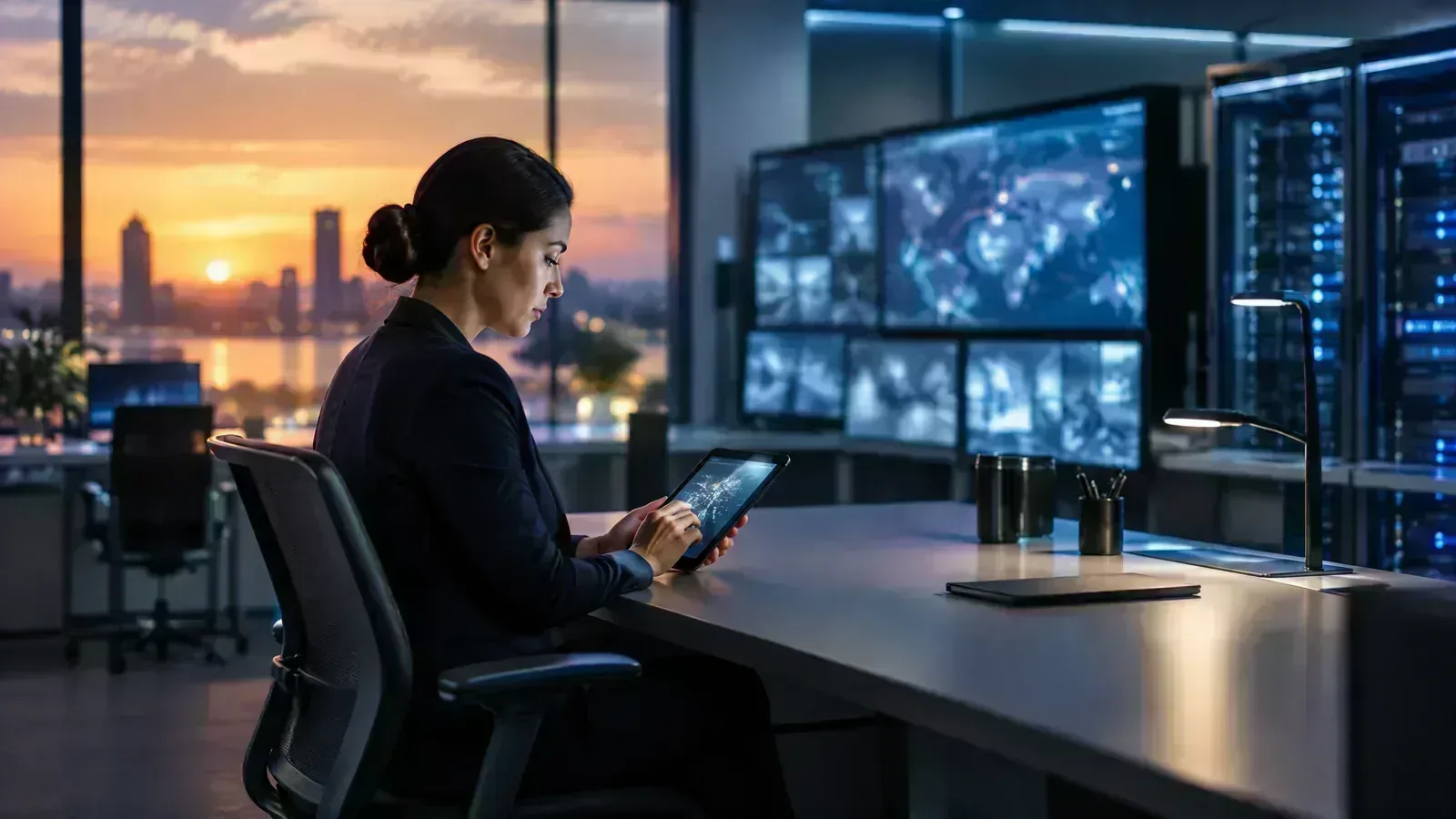 A settlement specialist reviews an unbranded tablet in a twilight banking operations centre.