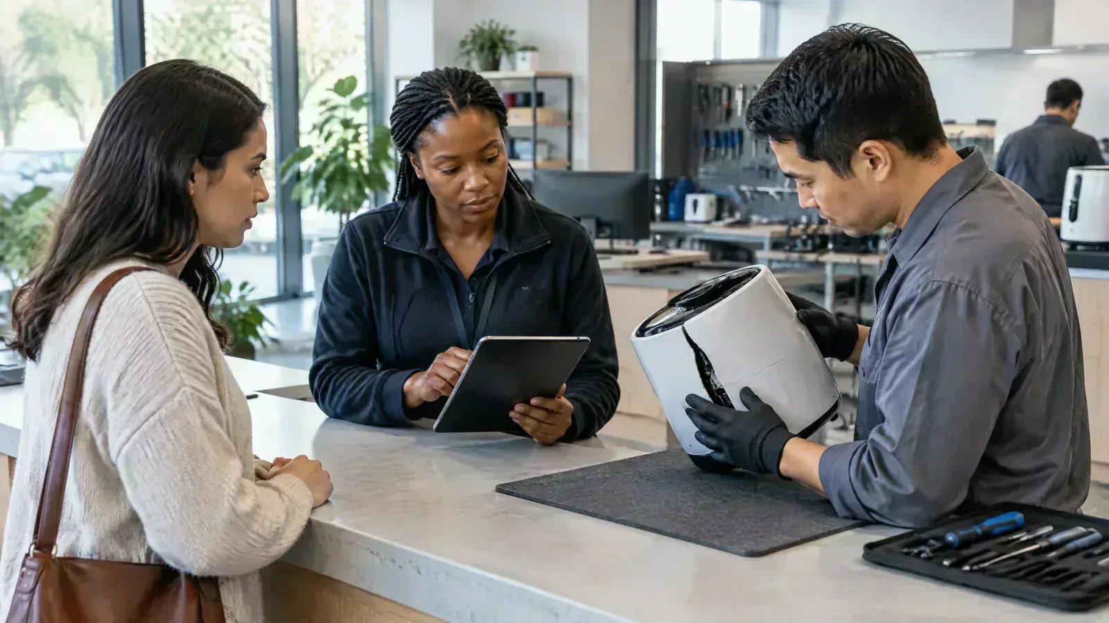 A customer, claims specialist, and technician examine a damaged unbranded device.