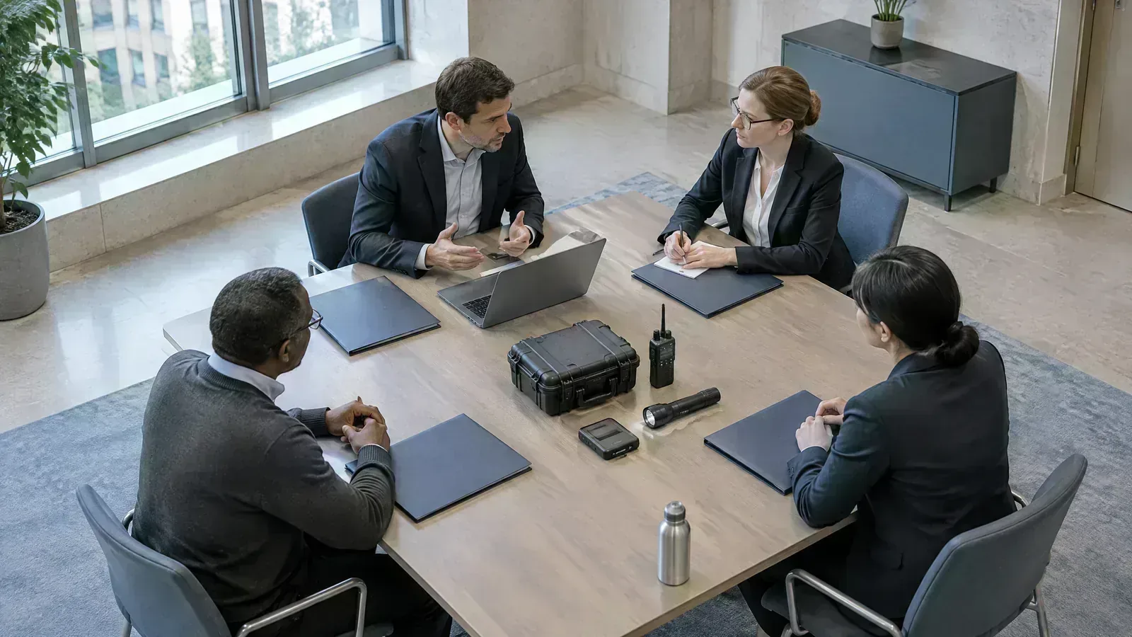 European bank specialists conduct an operational-resilience review in an institutional meeting room.