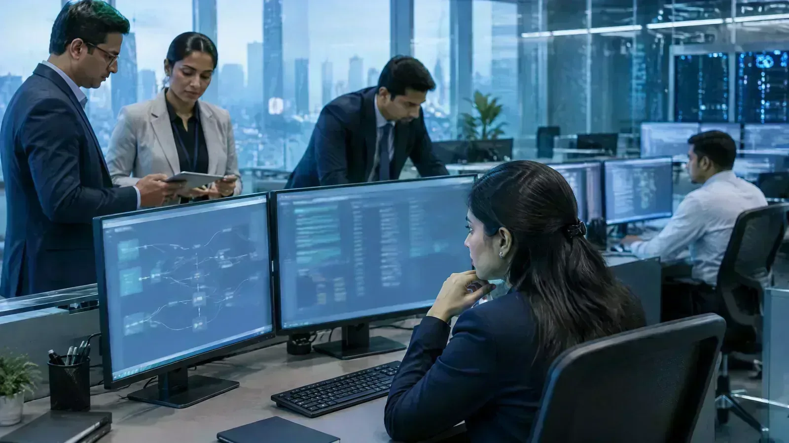 Financial operations professionals review tokenised-bond settlement systems in a modern control room.