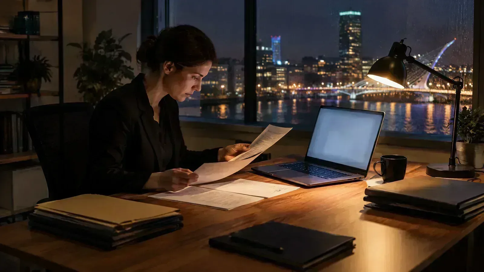 A payment-fraud investigator reviews unmarked records under a desk lamp in Dublin.