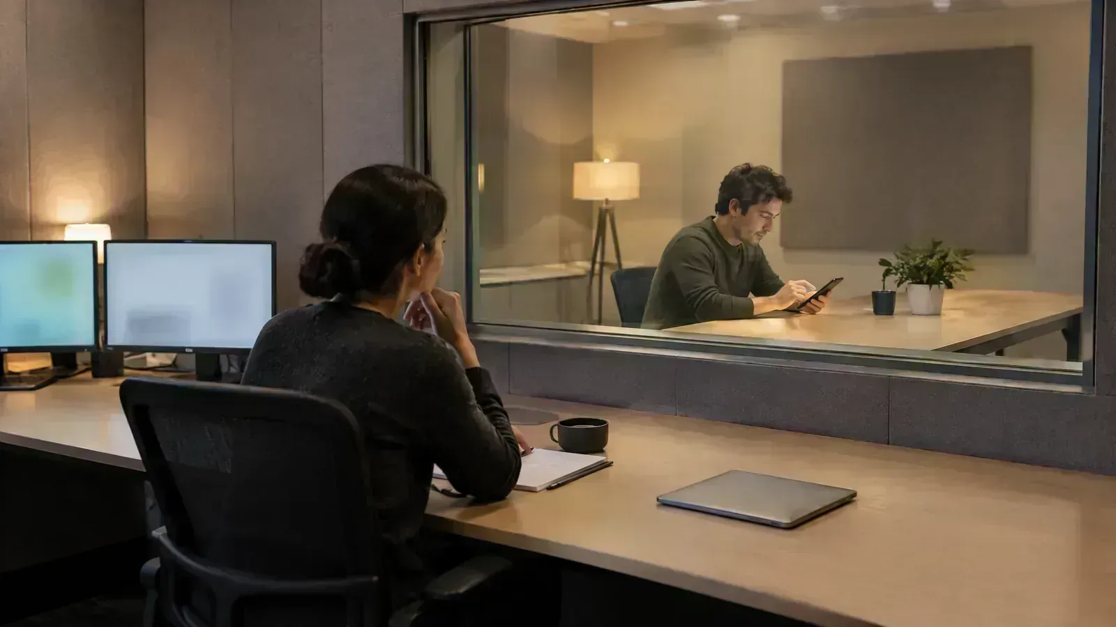 A researcher observes a participant testing an unbranded mobile device in a usability lab.