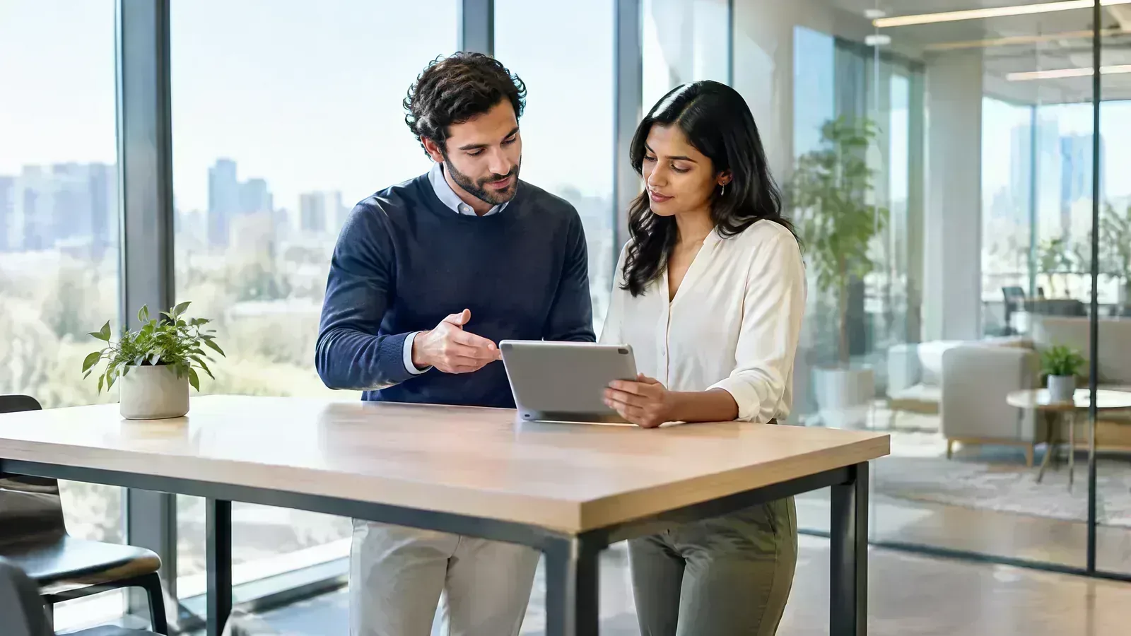 Two professionals review an unbranded tablet in a bright open-banking office.