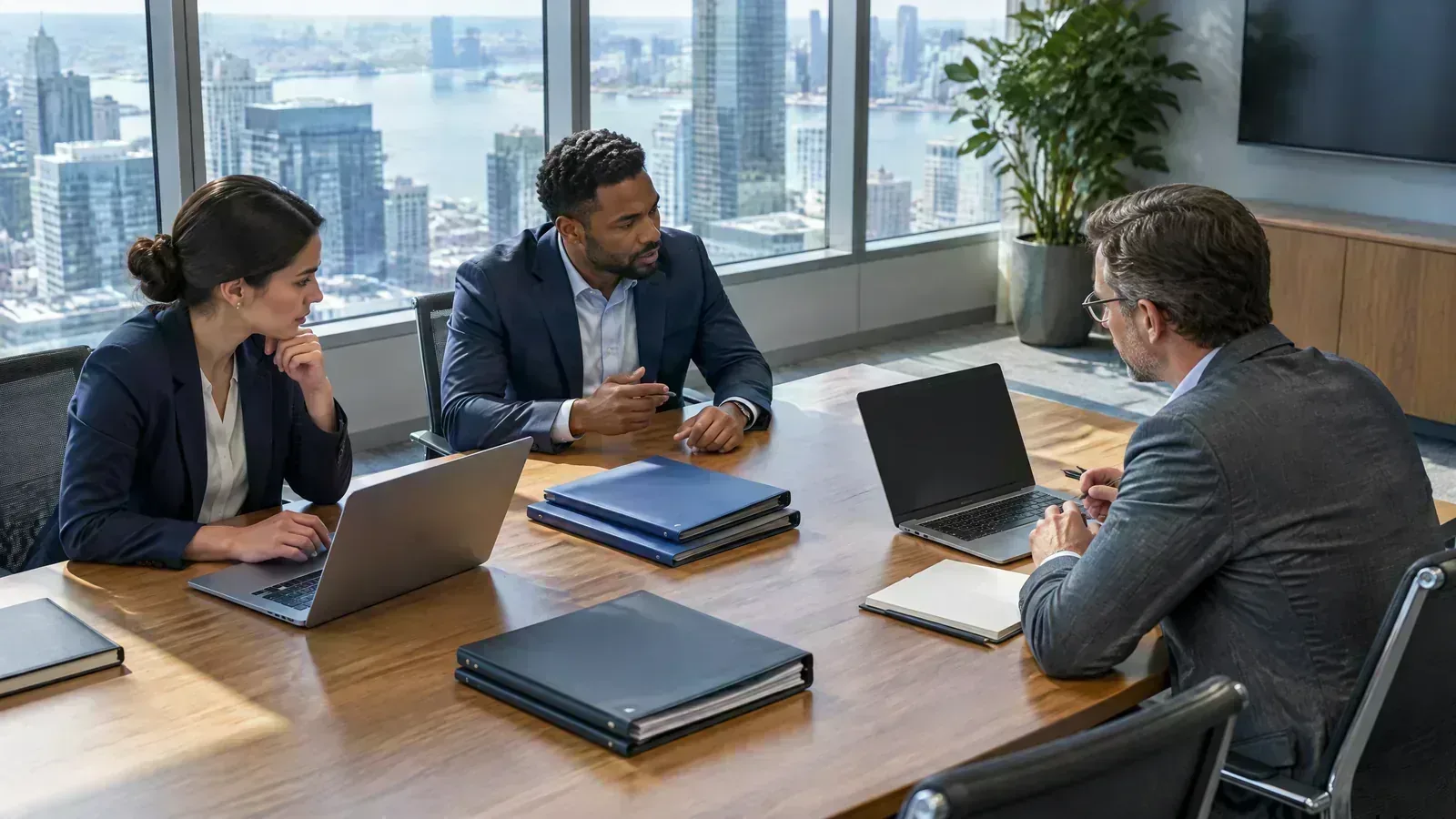 Corporate credit analysts review environmental and social risk evidence in a sunlit meeting room.