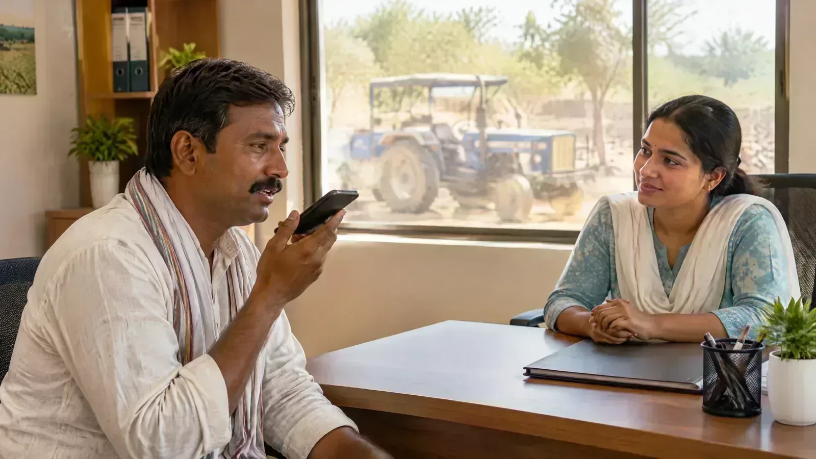 A rural customer speaks into a smartphone while a loan officer assists.
