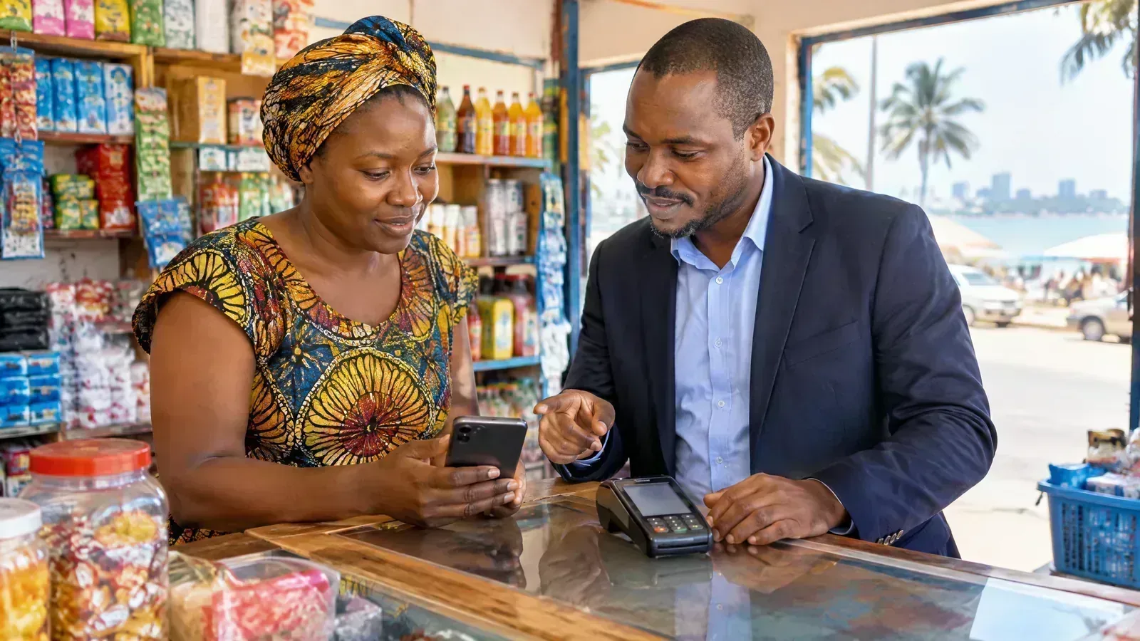 A Mozambican merchant and banking specialist review a mobile payment at a neighborhood shop.