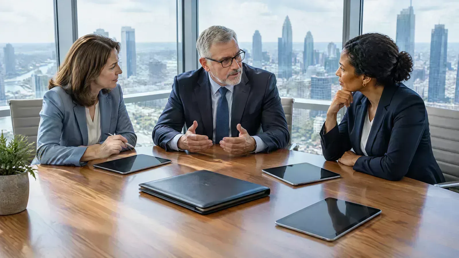 Financial-services executives collaborate around a boardroom table during an ecosystem review.