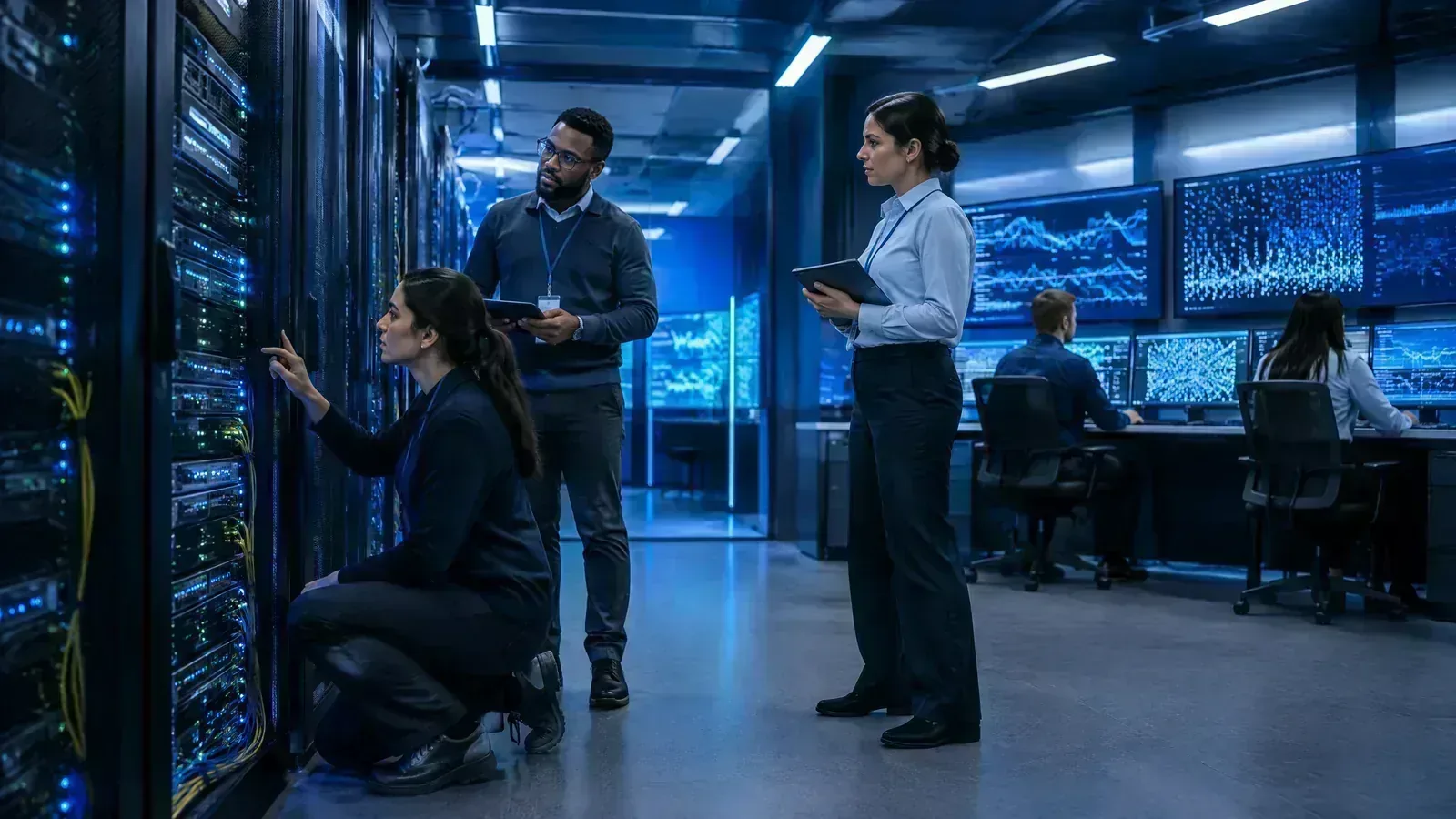 A payment-operations team inspects infrastructure inside a secure financial data centre.
