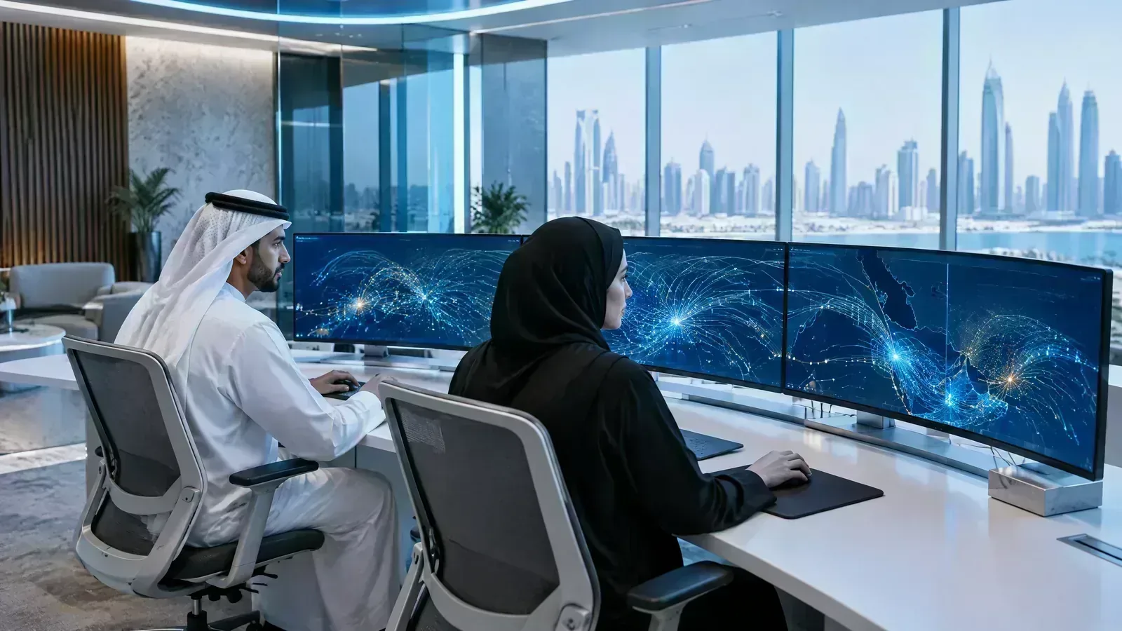Gulf central-bank officers monitor regional payment systems from a modern control room.