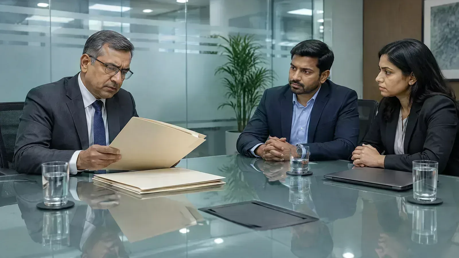 A regulatory auditor reviews unmarked folders with financial-services executives.