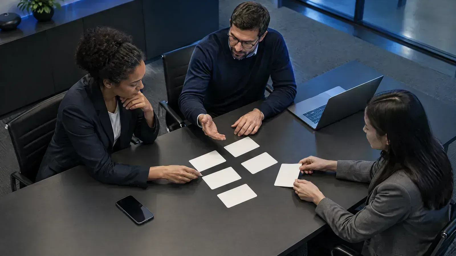 Risk specialists arrange blank evidence cards during a controlled decision review.