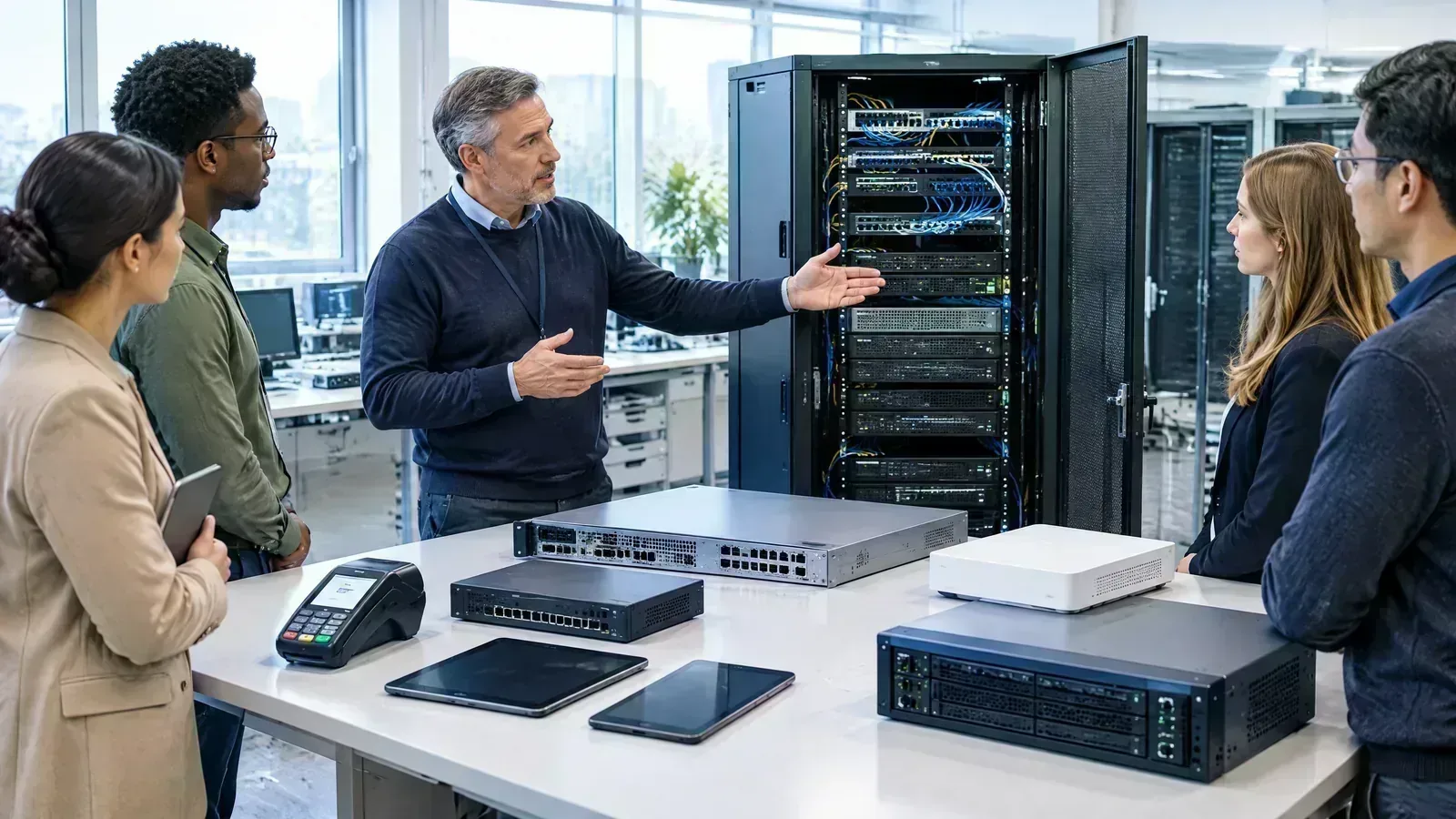 An instructor explains payment infrastructure equipment to financial-services professionals.