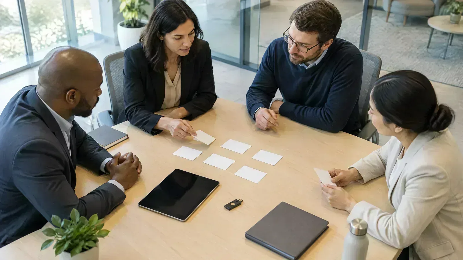 An open-finance team reviews accountability controls around a conference table.