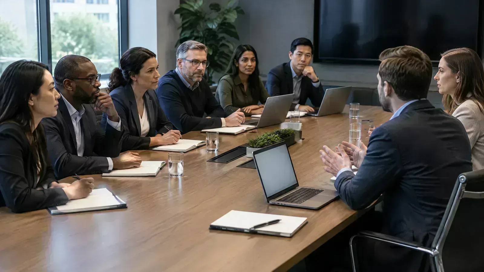 A multidisciplinary evaluation panel conducts provider diligence in a professional meeting room.