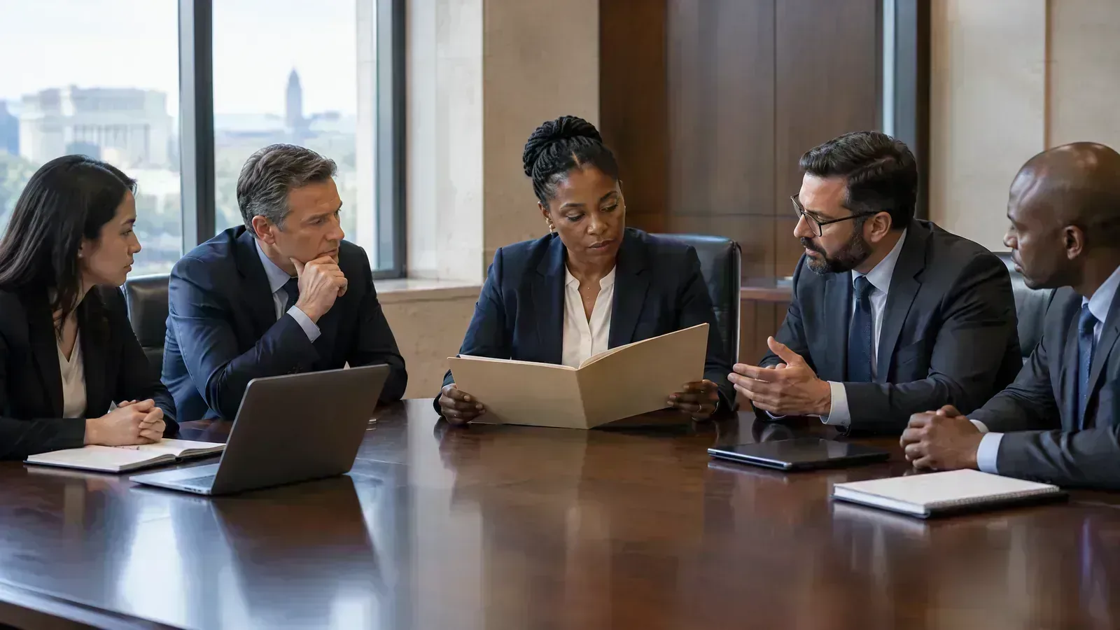 Digital-bank leaders review an unmarked approval file in a formal meeting room.