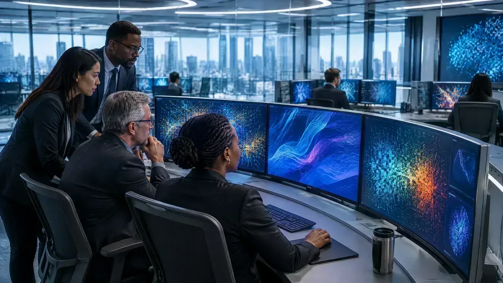 Regulators review abstract monitoring displays inside a blue-lit financial oversight centre.