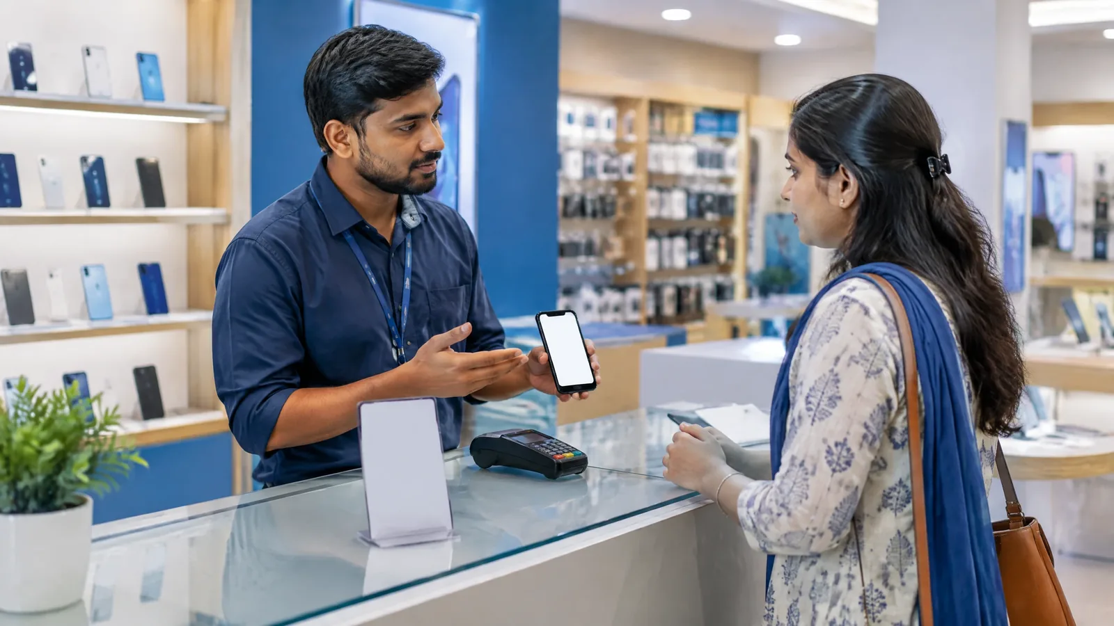 An Indian mobile-phone retailer explains a blank-screen payment to a customer beside an unbranded terminal.