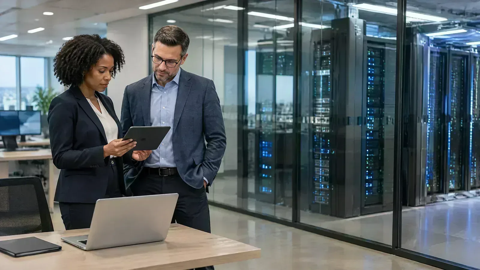 Two bank technology-risk professionals review infrastructure controls beside a secure server room.