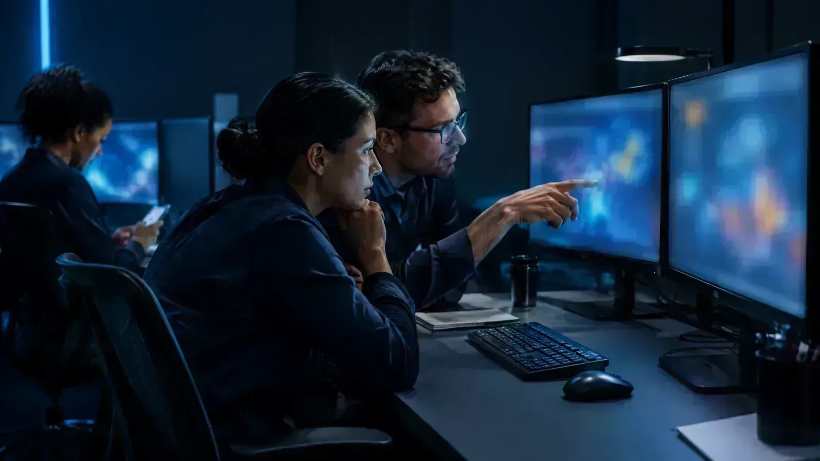 Fraud analysts monitor account-to-account payment anomalies inside a security operations room.