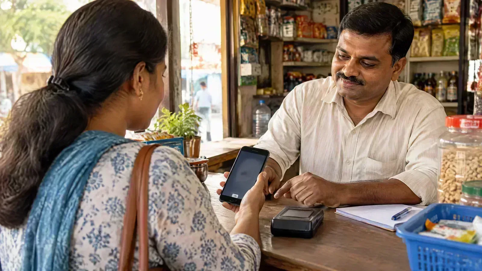 An Indian customer and merchant complete a household bill payment using a smartphone.
